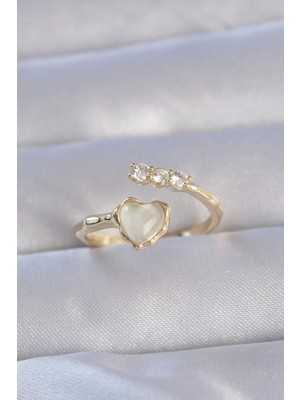 Bfs Pirinç Gold Renk Zirkon Taşlı Sedefli Kalp Model Ayarlanabilir Yüzük