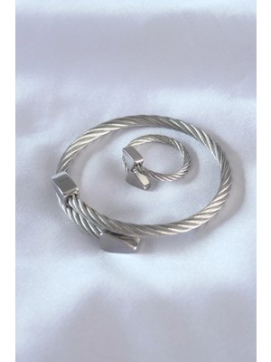 Bfs Çelik Gümüş Renk Burgu Model Erkek Bileklik Yüzük Seti