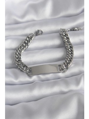 Bfs 316L Çelik Gümüş Renk Isim Yazılabilir Plaka Model Kadın Bileklik