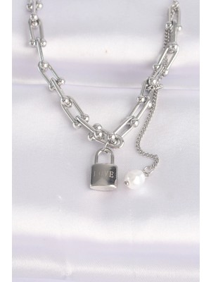 Bfs 316L Çelik Zincir Gümüş Renk Zincirli Love Yazılı Kilit Kolye