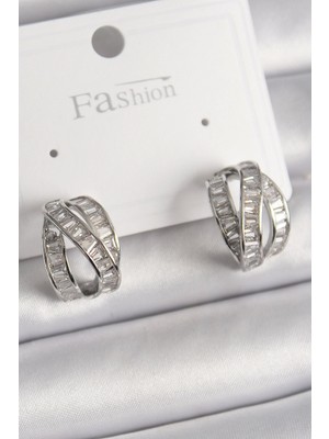 Bfs Pirinç Gümüş Renk Zirkon Taşlı Düğüm Halka Model Kadın Küpe