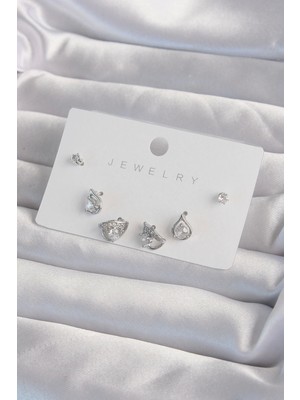 Bfs Pirinç Gümüş Renk Zirkon Taşlı Damla Model Küpe Seti