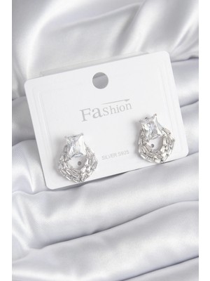 Bfs Pirinç Gümüş Renk Zirkon Taşlı Kadın Küpe