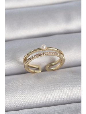 Bfs Pirinç Gold Renk Zirkon Taşlı Inci Detay Ayarlanabilir Model Kadın Yüzük