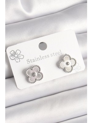 Bfs Pirinç Gümüş Renk Işlemeli Yonca Model Kadın Küpe