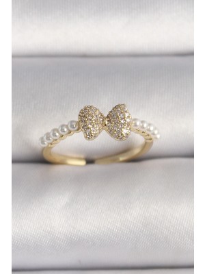 Bfs Pirinç Gold Renk Zirkon Taşlı Fiyonk Inci Detay Ayarlanabilir Yüzük