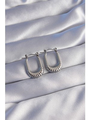 Bfs 316L Çelik Gümüş Renk Dikdörtgen Tasarımlı Tırtıklı Küpe