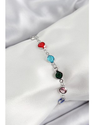 Bfs Pirinç Gümüş Renk Karışık Renk Zirkon Taşlı Kadın Bileklik