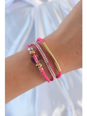 Bfs Pembe Renk Zirkon Taşlı Deri Çoklu Bileklik