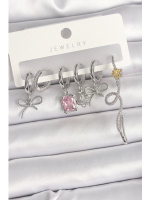 Bfs Pirinç Gümüş Renk Sallantı Kurdele Kuyruklu Yıldız Figür Pembe Kare Zirkon Taş Detay Kadın Küpe Seti