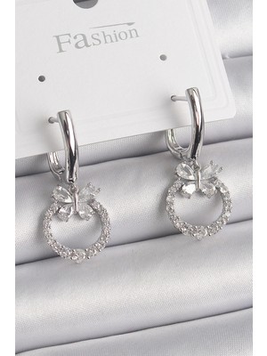 Bfs Pirinç Gümüş Renk Zirkon Taşlı Kelebek Figür Sallantı Detay Kadın Küpe