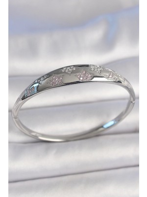 Bfs Pirinç Gümüş Renk Zirkon Taşlı Yıldız Işlemeli Kadın Kelepçe