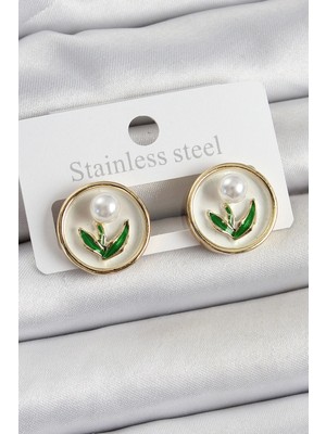 Bfs Pirinç Beyaz Mineli Lale Figürlü Sanatsal Portre Model Gold Renk Kadın Küpe