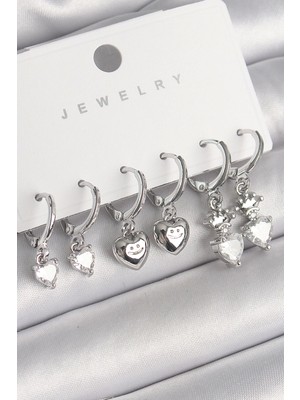 Bfs Pirinç Gümüş Renk Sallantı Zirkon Taşlı Kalp Model Taç Detay Kadın Küpe Seti