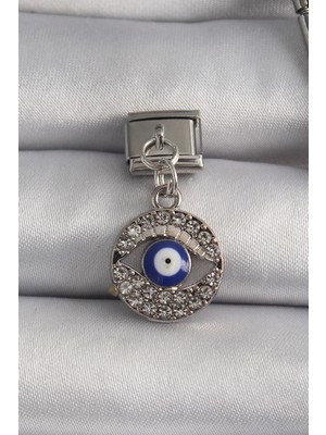Bfs 316L Çelik Gümüş Renk Sallantı Zirkon Taşlı Göz Model Nazar Boncuk Detay Nomination Charm