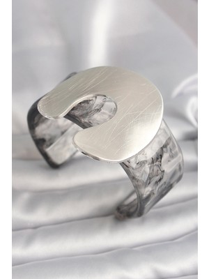 Bfs Siyah Mermer Desen Akrilik Plaka Vintage Kadın Bilezik