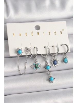 Bfs Pirinç Gümüş Renk Zirkon Taş Detaylı Mavi Boncuklu Çiçek Model Vıp Seri Kadın Küpe Kombini