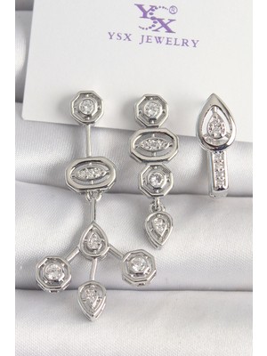 Bfs Pirinç Gümüş Renk Zirkon Taşlı Geometrik Model 3'lü Kadın Kombin Küpe