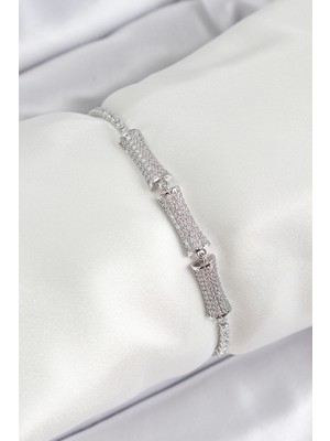 Bfs Pirinç Gümüş Renk Zirkon Taşlı Kemik Model Kadın Bileklik