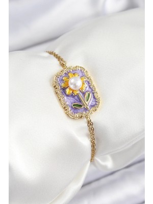 Bfs 316L Çelik Zincir Mor Mineli Sanatsal Portre Inci Detaylı Papatya Model Gold Renk Kadın Bileklik