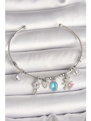 Bfs Pirinç Gümüş Renk Sallantı Zirkon Taşlı Ayıcık Figür Çiçek Detay Charm Kadın Bileklik