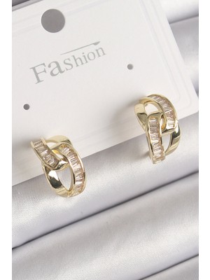 Bfs Pirinç Gold Renk Zirkon Taşlı Zincir Model Kadın Küpe