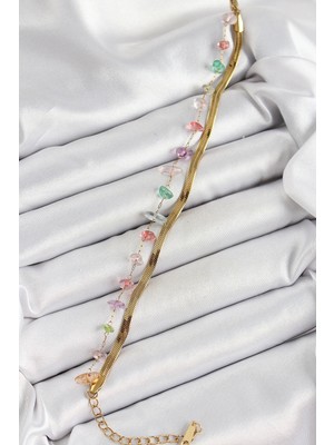 Bfs 316L Çelik Gold Renk Kristal Karışık Renkli Taşlı Kadın Bileklik