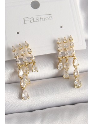 Bfs Pirinç Gold Renk Zirkon Taşlı Yağmur Model Kadın Küpe