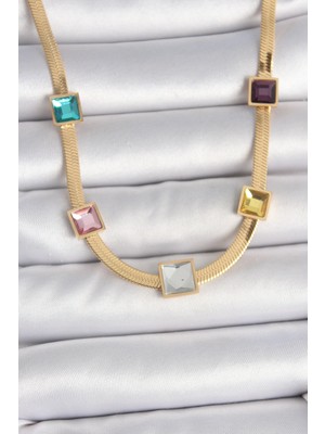 Bfs 316L Çelik Gold Renk Italyan Zincir Model Kare Renkli Zirkon Taşlı Kadın Kolye