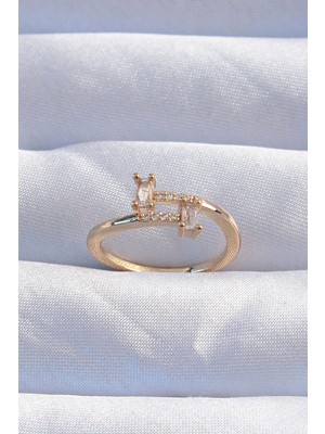 Bfs Pirinç Gold Renk Zirkon Taşlı Geometrik Ayarlanabilir Yüzük