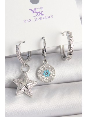 Bfs Pirinç Gold Renk Zirkon Taşlı Yıldız Model Nazar Boncuk Detay 3'lü Kadın Kombin Küpe