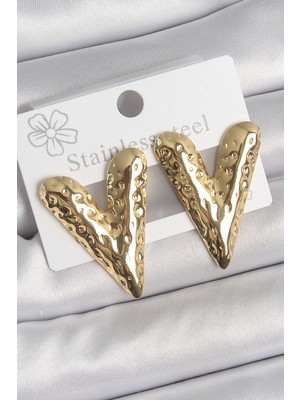 Bfs 316 Çelik Gold Renk Işlemeli Kalp Model Kadın Küpe