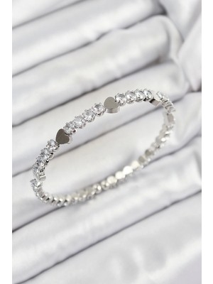 Bfs Pirinç Zirkon Taşlı Kalp Model Gümüş Renk Yaylı Kadın Bileklik