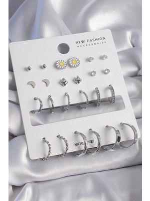 Bfs Pirinç Gümüş Renk Papatya Detaylı 12 Çiftli Kadın Küpe Seti