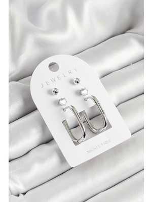 Bfs Pirinç Zirkon Taş ve Dikdörtgen Figürlü Gümüş Renk 3'lü Çift Kadın Küpe Set