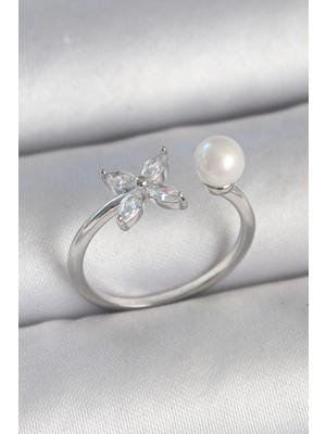 Bfs Pirinç Gümüş Renk Zirkon Taşlı Çiçek Model Inci Detay Ayarlanabilir Kadın Yüzük