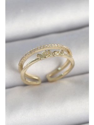 Bfs Pirinç Gold Renk 2'li Sıra Zirkon Taş Detaylı Kelebek Figürlü Ayarlanabilir Model Kadın Yüzük