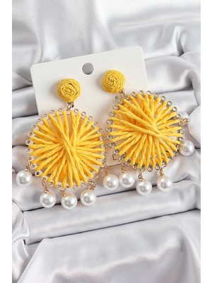 Bfs Sarı Hasır Örgü Sarmal Model Sallantılı Inci Detaylı Gold Renk Kadın Küpe