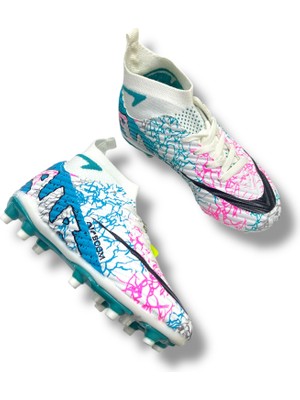 Laliga Çocuk Yeni Model Çoraplı Krampon Beyaz Turkuaz Desenli