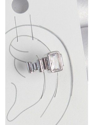 Bfs Pirinç Gümüş Renk Kare Zirkon Taşlı Kadın Kıkırdak Model Küpe