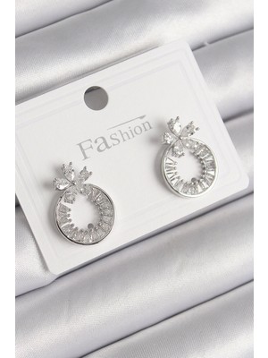 Bfs Pirinç Gümüş Renk Zirkon Taşlı Halka Model Çiçek Figür Kadın Küpe