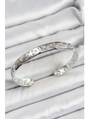 Bfs Pirinç Gümüş Renk Işlemeli Altı Açık Bileklik