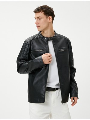 Deri Görünümlü Ceket Yuvarlak Yaka Cep Detaylı Fermuarlı