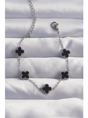 Bfs 316L Çelik Baby Boy Gümüş Renk Siyah Mineli Yonca Bileklik