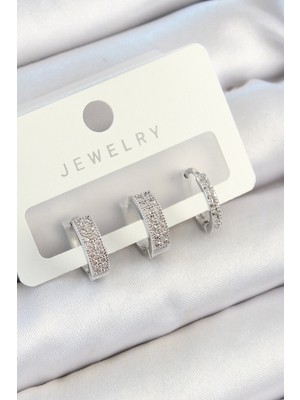 Bfs Pirinç Zirkon Taşlı Halka Model Gümüş Renk 3'lü Çift Kadın Küpe Set