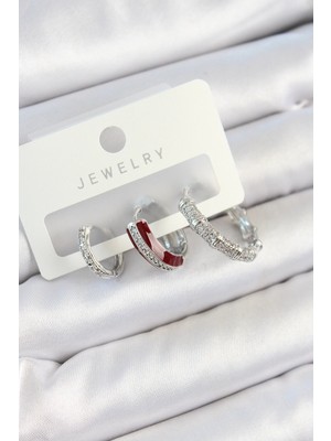 Bfs Pirinç Zirkon Taşlı Bordo Pembe Halka Model Gümüş Renk 3'lü Çift Kadın Küpe Set