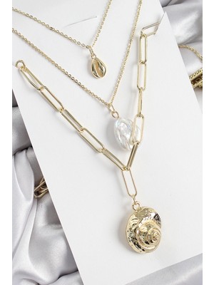 Bfs Pirinç Çoklu Zincirli Incili Deniz Kabuğu Model Gold Renk Kadın Kolye