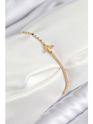 Bfs Pirinç Zirkon Taşlı Arı Model Ezme Zincir Gold Renk Kadın Bileklik