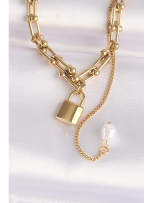 Bfs 316L Çelik Zincir Altın Renk Zincirli Love Yazılı Kilit Kolye