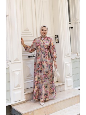 Kadın Çiçek Desenli Viskon Düğmeli Pembe Elbise